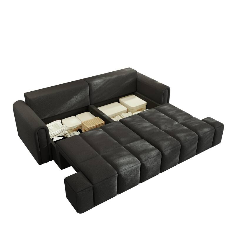 90.2" Sleeper Sofa with Pull-Out Bed, 3-in-1 Convertible Sofa Bed, Large Teddy Loveseat with Adjustable Backrest & Storage Seats