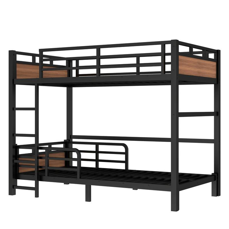 Twin XL Metal Bunk Bed with Security Fence, Convertible and Space-Saving Design, Walnut Finish