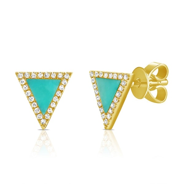 Turquoise & Diamond Triangle Stud Earrings 14K Yellow Gold by Joelle Collection