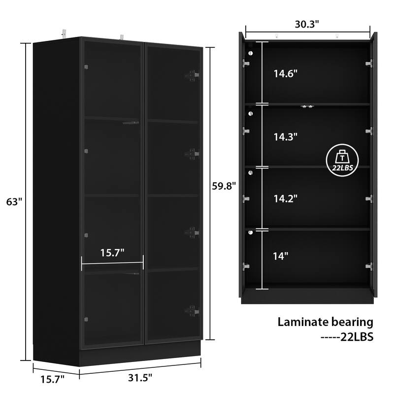 63"Hx31.5"W Lighted Display Cabinet with Glass Doors Bookshelf Buffet