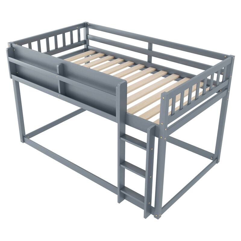 Low Twin Over Twin Bunk Bed, Floor Bunk Bed with Ladder and Storage Shelf, Convertible Design Twin Size Bunk Bed Frame