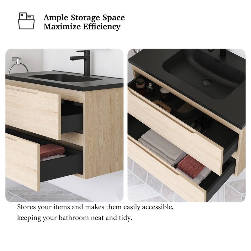 Floating Bathroom Vanity in Evita Oak with Integrated Quartz Sand Top