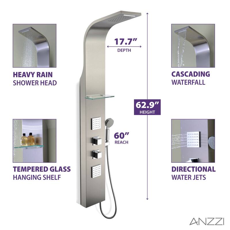 ANZZI Niagara 64 in. 2-Jetted Full Body Shower Panel with Heavy Rain Shower in Brushed Steel