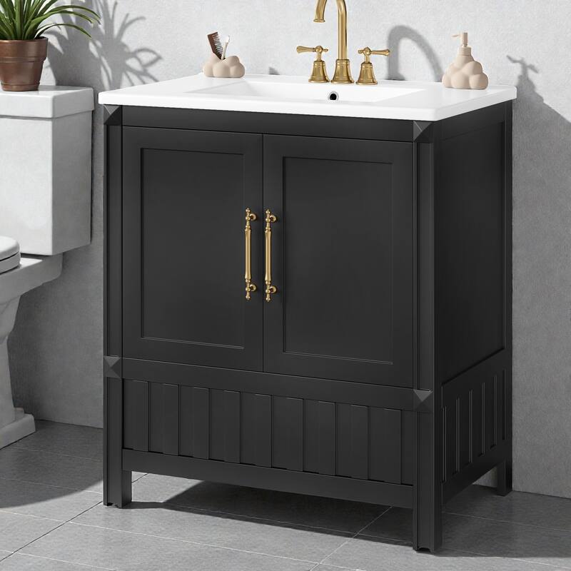 30" Bathroom Vanity with Sink, Solid Wood & MDF Cabinet with Doors, Drawer and Open Storage Shelves
