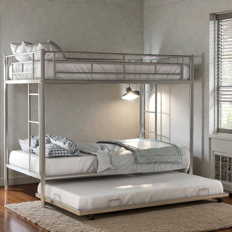 Twin over Twin Metal Bunk Bed with Trundle, Space Saving Bunk Bed with Ladder and Guardrails