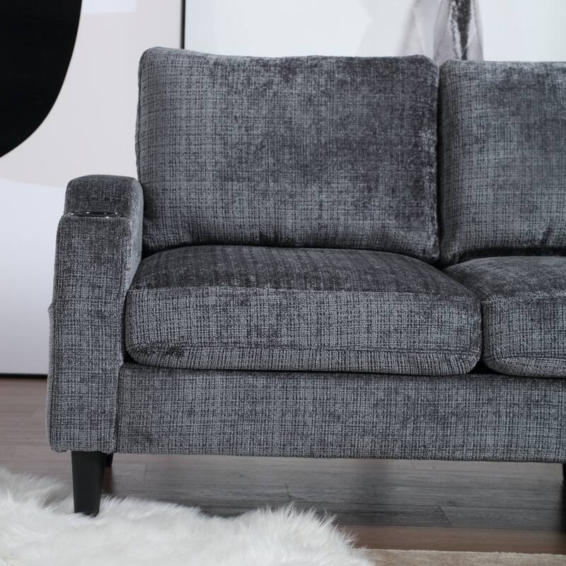 Modular Sectional Sofa with Storage Ottoman, Comfy Chenille Fabric Sofa, 3-Seater Sofa with Side Pockets & 2 Cup Holders