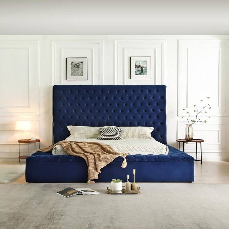 Velvet Tufted Platform Bed with Storage & Headboard - King Size Upholstered Bed Frame