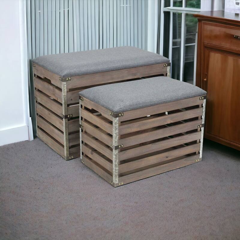 Wood Linen Upholstered Entryway Storage Benches Set with Flip Top - 14” D x 24” W x 17.5” H