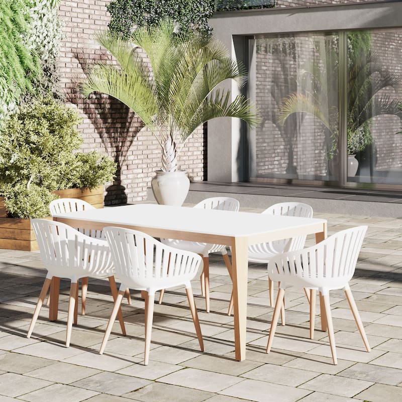 Amazonia Phairer FSC Certified Wood Outdoor Patio Dining Set - White Table & White Chairs with Wood Legs