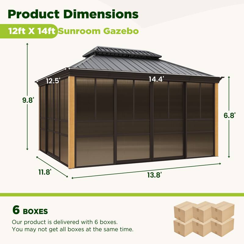 Erommy Outdoor Solarium Sunroom, Patio Hardtop Gazebo, Aluminum Frame Permanent Gazebo with Sliding Doors and Screens