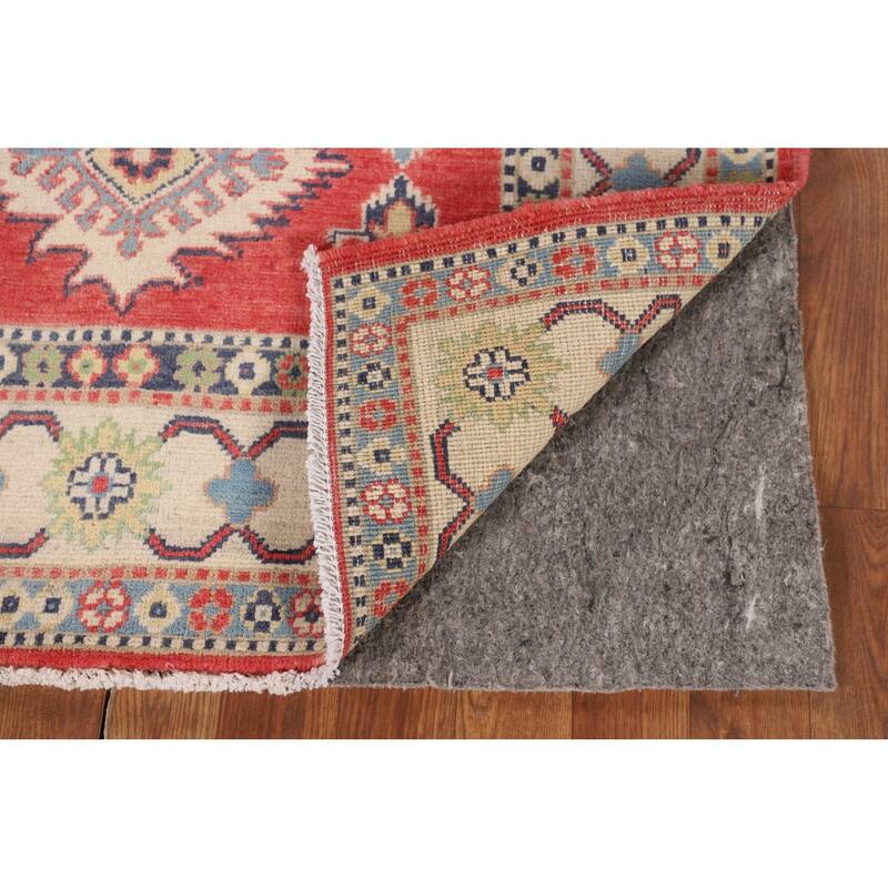 Geometric Kazak Accent Rug Handmade Red Wool Carpet - 3'4" x 5'0"