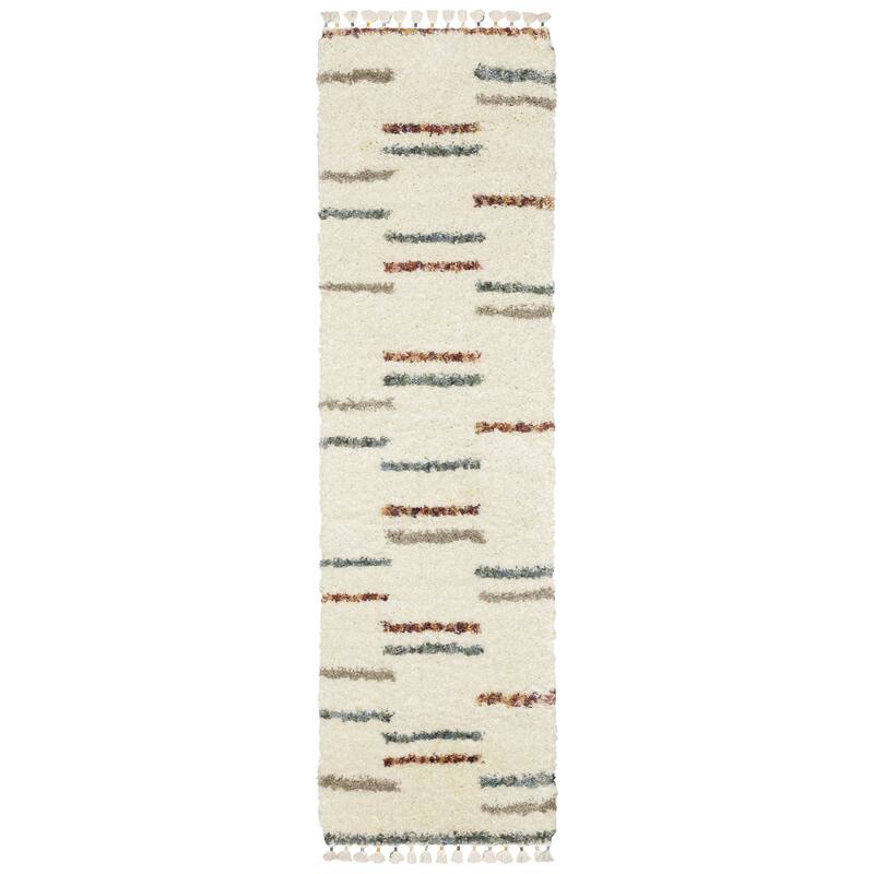 Style Haven Aire Staggerd Striped Ivory/ Multi Shag Tassel Fringe Area Rug. - 2' 3" x 7' 6" - Runner
