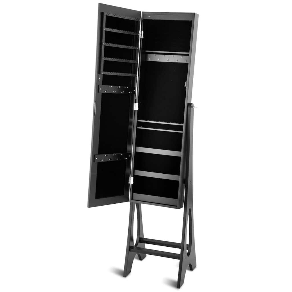 Black Standing Mirror Jewelry Cabinet with 3 Angle Tilting Positions and 5 Lined Shelves - 14.5" x 13.5" x 61" (L x W x H)