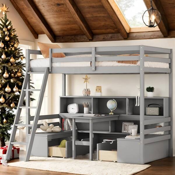 slide 2 of 6, Modern Twin Loft Bed with Desk,Storage Shelves & Drawers,Space-Saving Design Grey