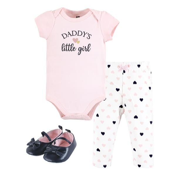slide 1 of 1, Hudson Baby Infant Girl Cotton Bodysuit, Pant and Shoe Set, Girl Daddy Pink Navy 0-3 Months - Girl Daddy Pink Navy