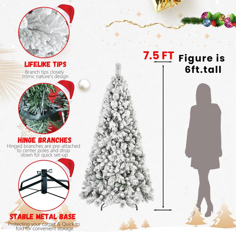 Pre-Lit Flocked Christmas Tree - Warm White LED Lights, Snowy Branches, Hinged Design, Metal Stand - Green,White