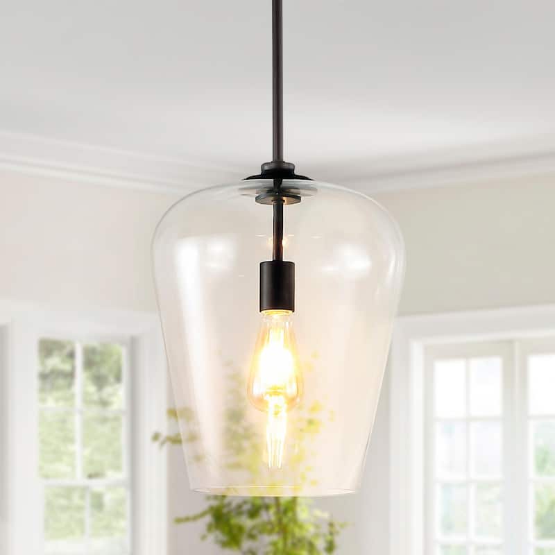 Ikon 11.25" 1-Light Industrial Farmhouse Iron/Glass LED Pendant, Oil Rubbed Bronze/Clear by JONATHAN Y