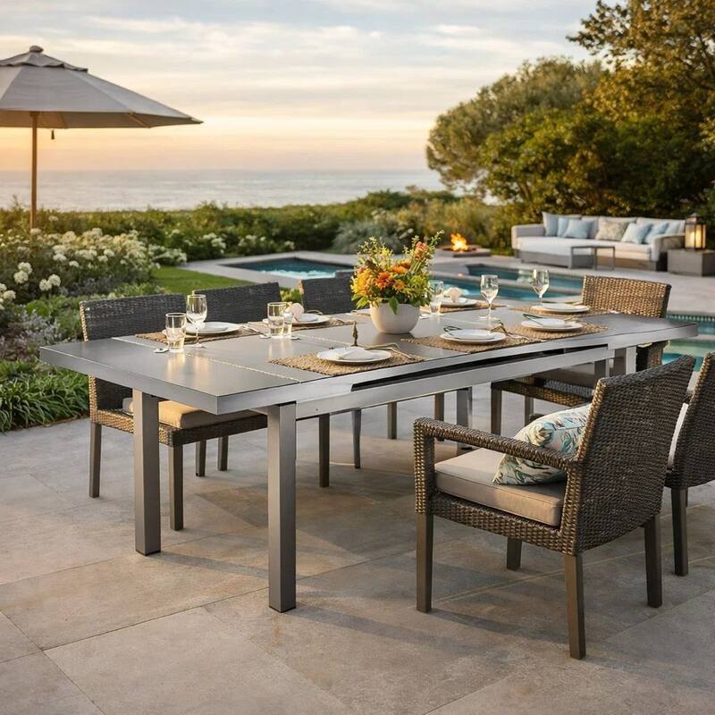 Kylo 90 Inch Extendable Dining Table, Smooth Gray Aluminum Frame, Outdoor