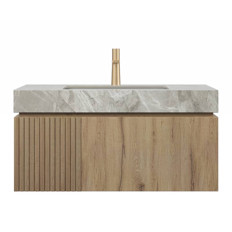 GDFStudio - Muri 36" Floating Bathroom Vanity with Light Gray Sintered Stone Countertop & Basin, WITHOUT Faucet