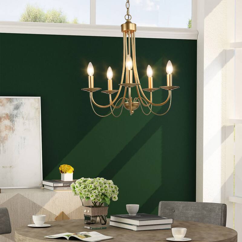 Mid-Century Modern 5-Light Gold Candle Chandelier for Dining Room - W18.5"x H23.5"
