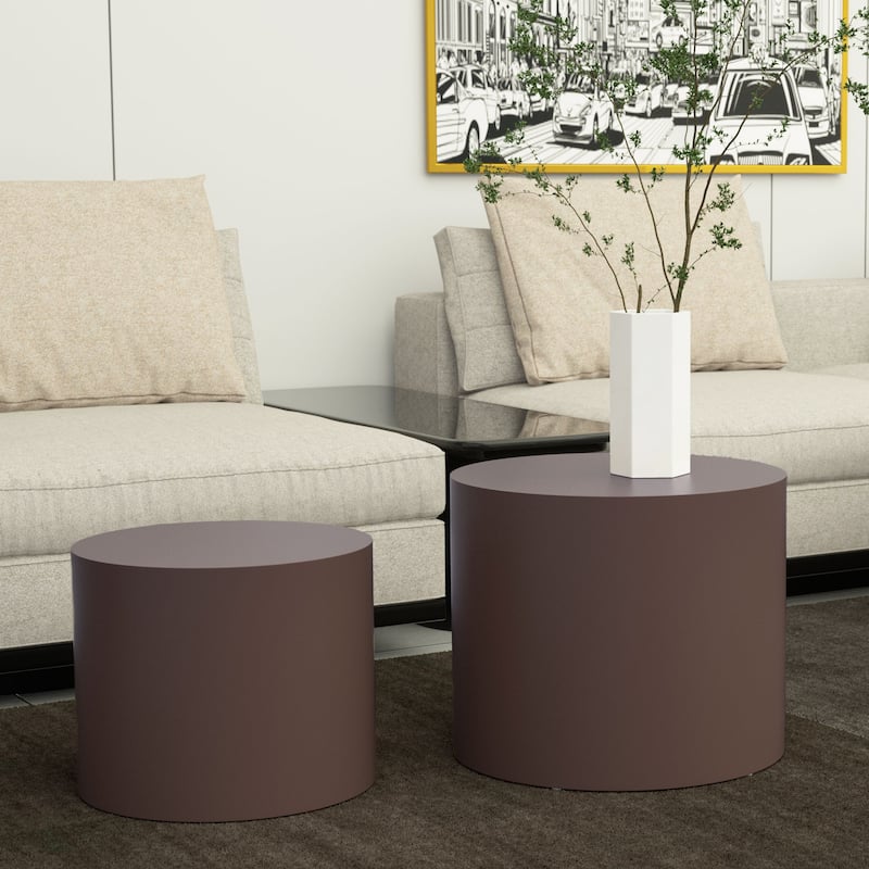 Modern Farmhouse Round Accent Nesting Side Coffee Table Set (Set of 2) - Brown