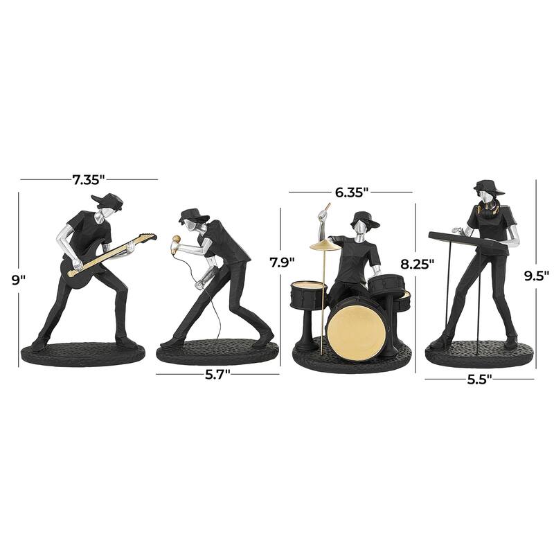 Black Polystone Rock Band Musician Decorative Sculpture with Gold and Silver Accents (Set of 4)