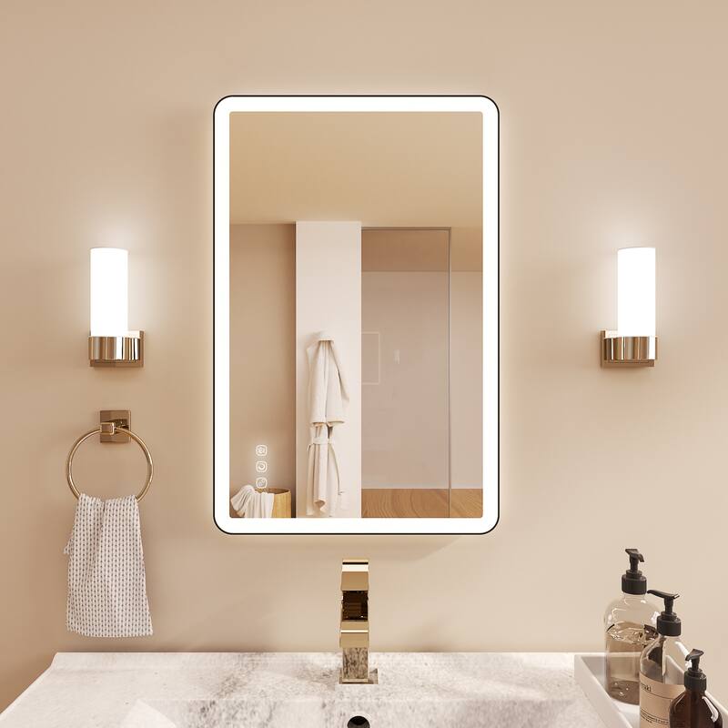 Rectangular Angle Rounded Framed Super Bright LED Wall Mounted Bathroom Vanity Mirror in Matte Black