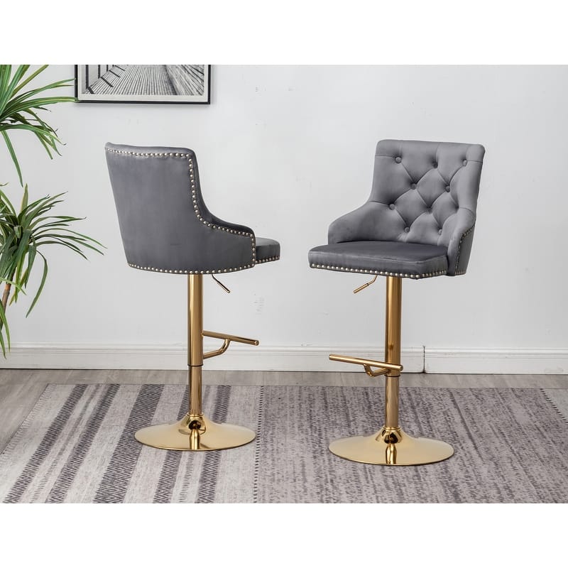 Best Master Furniture Adjustable Swivel Bar Stools with Gold Base (Set of 2) - B52 Grey (Velvet)