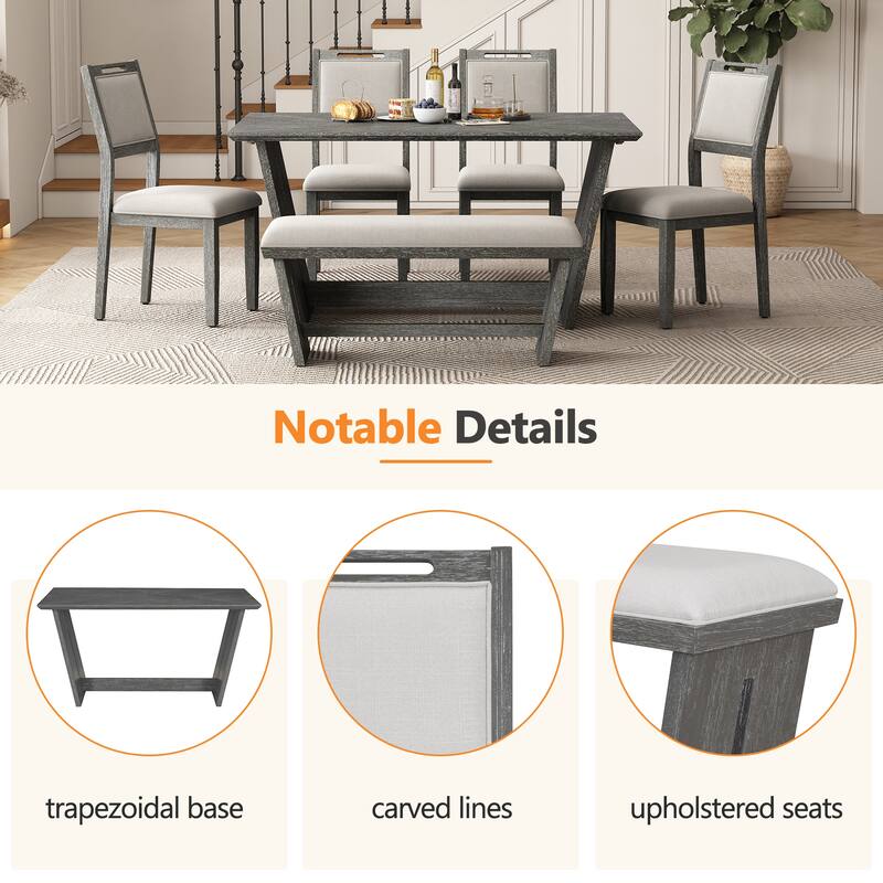 6-Piece Retro Dining Set with Rectangular Table, Trapezoidal Base, 4 Upholstered Chairs, and 1 Bench for Dining Room