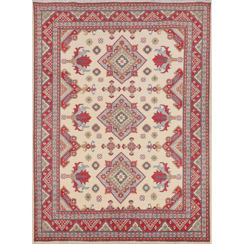 Ivory Kazak Oriental Area Rug Hand-Knotted Traditional Wool Carpet - 4'11" x 6'6"