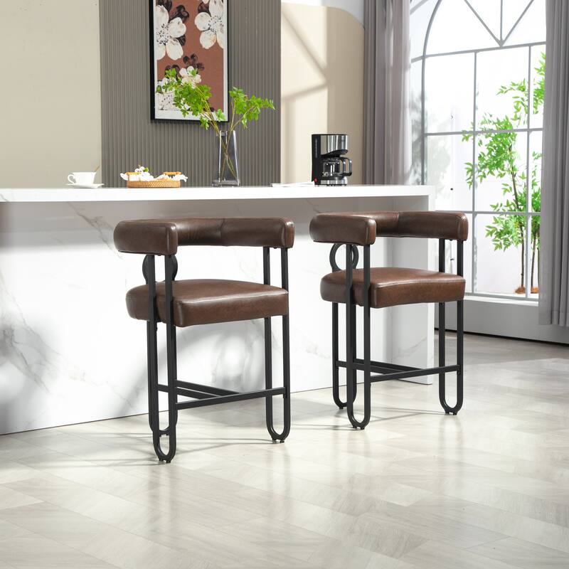 Bar Stools Set of 2, Upholstered Counter Height Stools with Back, Kitchen Island Chairs with Footrest and Metal Frame - Dark Brown
