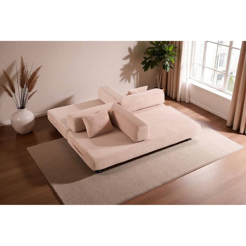 Convertible Corduroy Sleeper Sofa Bed, 4-in-1 Folding Mattress Couch with Cylindrical Pillow & Fixed-Shape Frame, No-Assembly