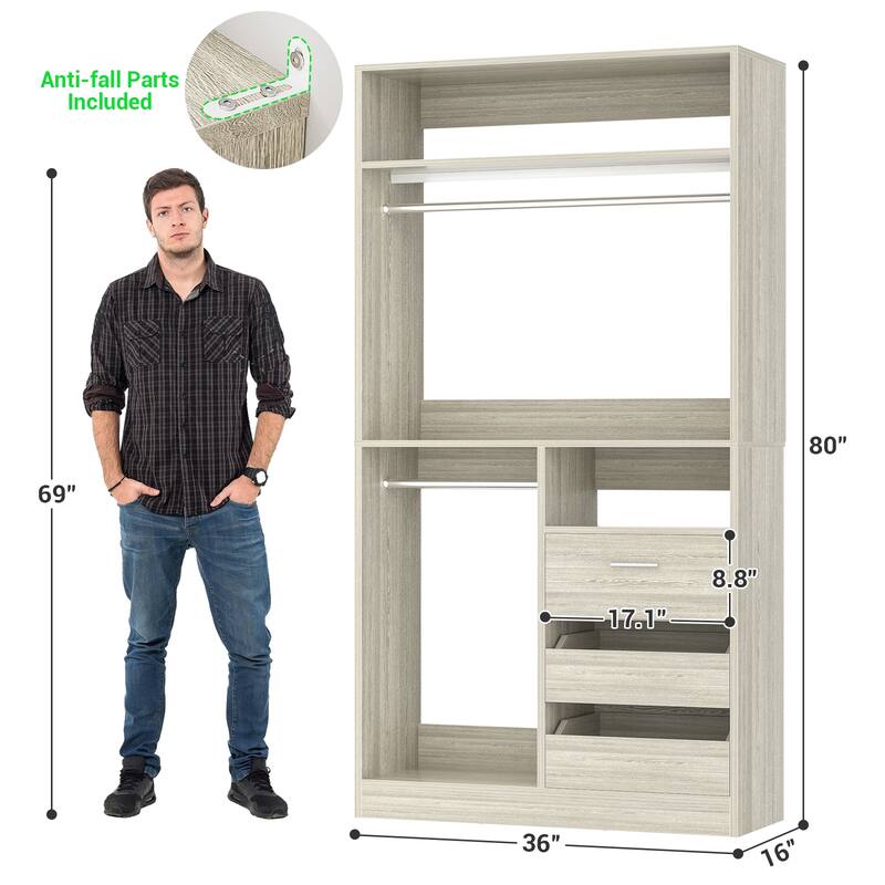 36'' W Freestanding Walk-in Closet Organizer System with 2 Hanging Rods and 3 Wood Drawers