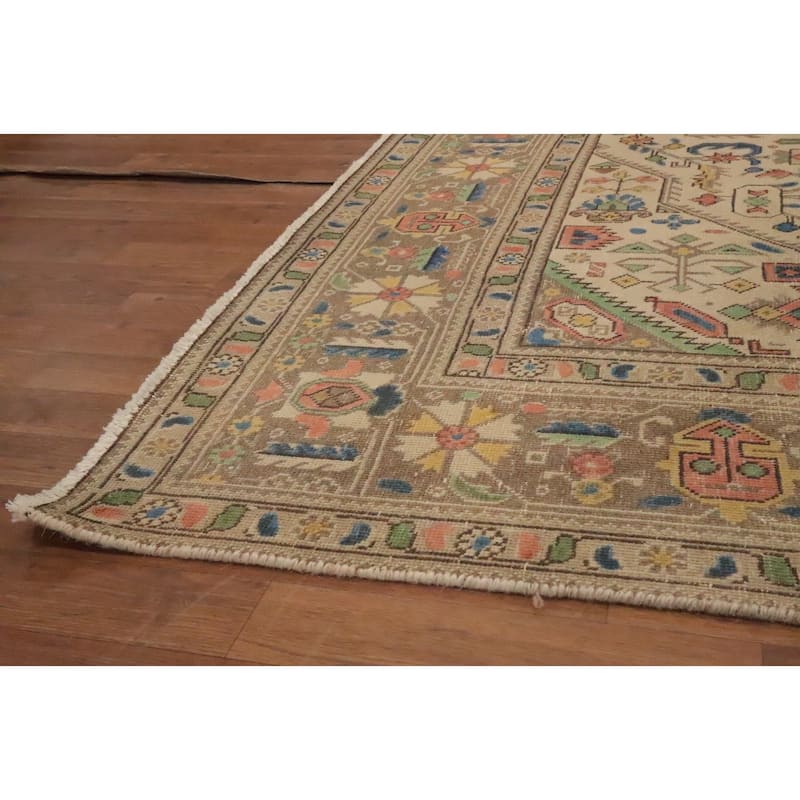 Hand Knotted Oriental 100% Wool Carpet Traditional Floral Beige & Ivories Tabriz Area Rug - 10' 9'' X 7' 10''