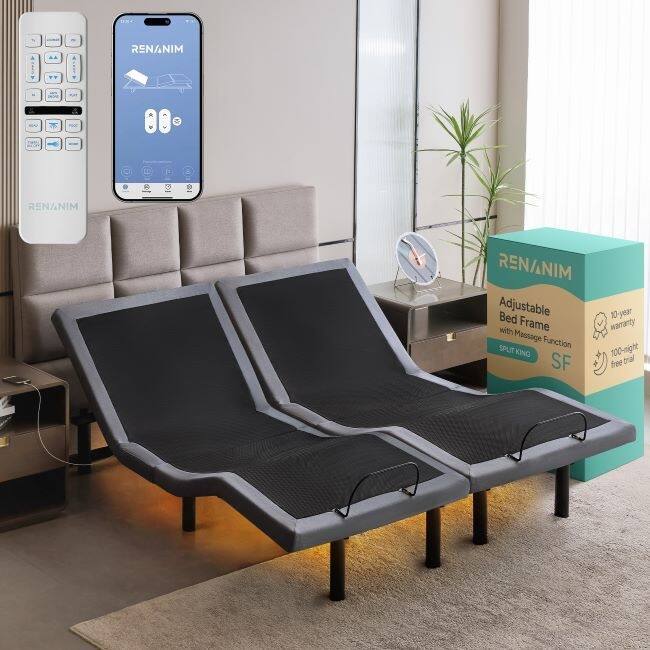 Renanim SF Adjustable Bed Frame, Dual Massage, USB, Underbed Light, App Control, Head and Foot Incline, Reclining Base - Split King