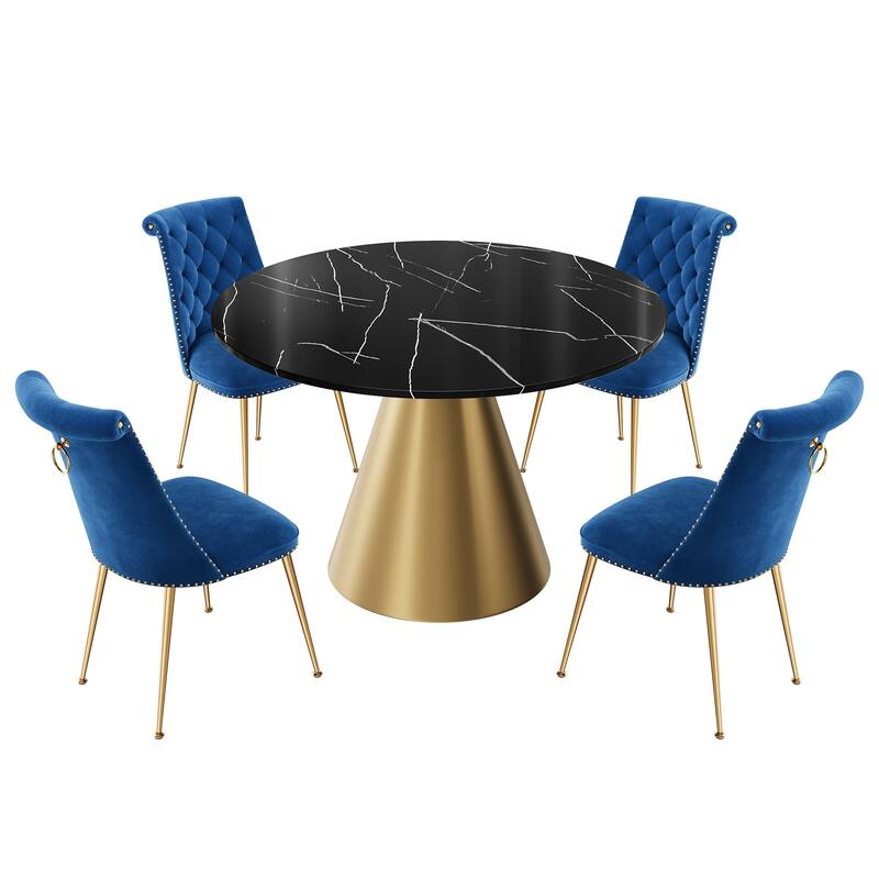 48" Marble Top Metal Dining Table with Velvet Dining Chair Set - Navy