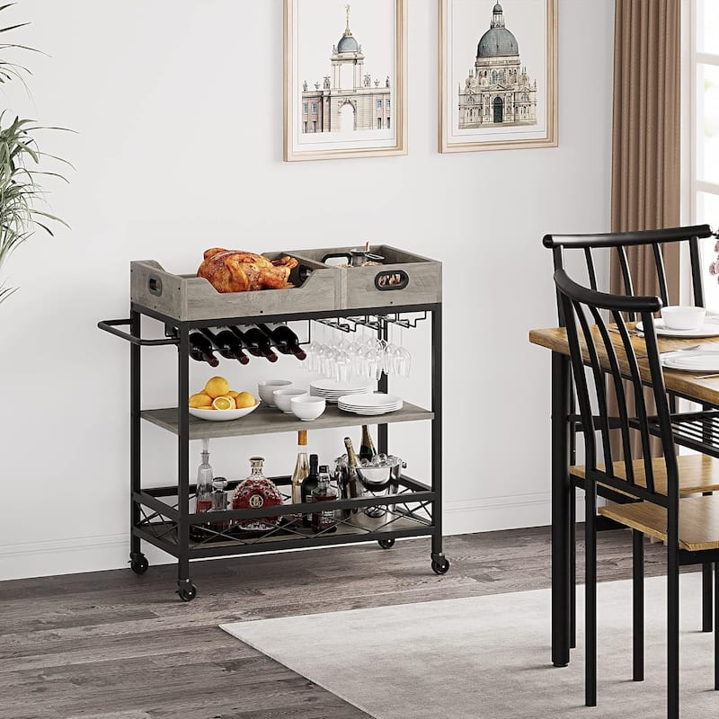 3 Tier Home Bar Serving Cart with Wine Rack and Glass Holders