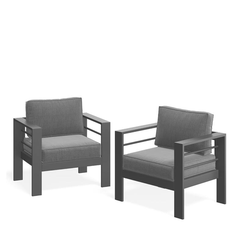 Set of 2 28" Metal Patio Armchairs with Thick Gray Cushions Gray Frame