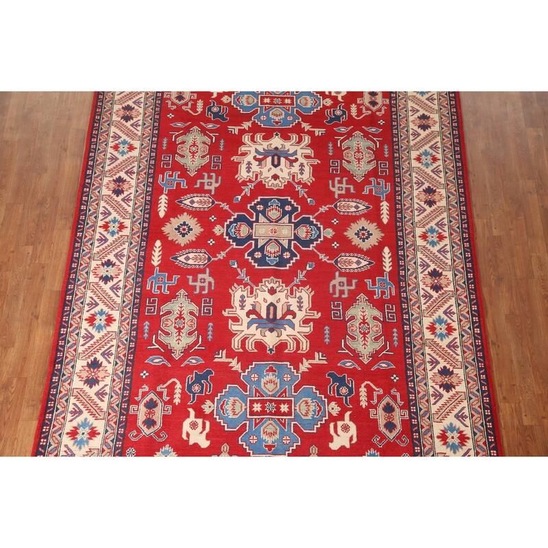 Red Geometric Kazak Area Rug Hand-Knotted Living Room Wool Carpet - 6'8" x 9'9"
