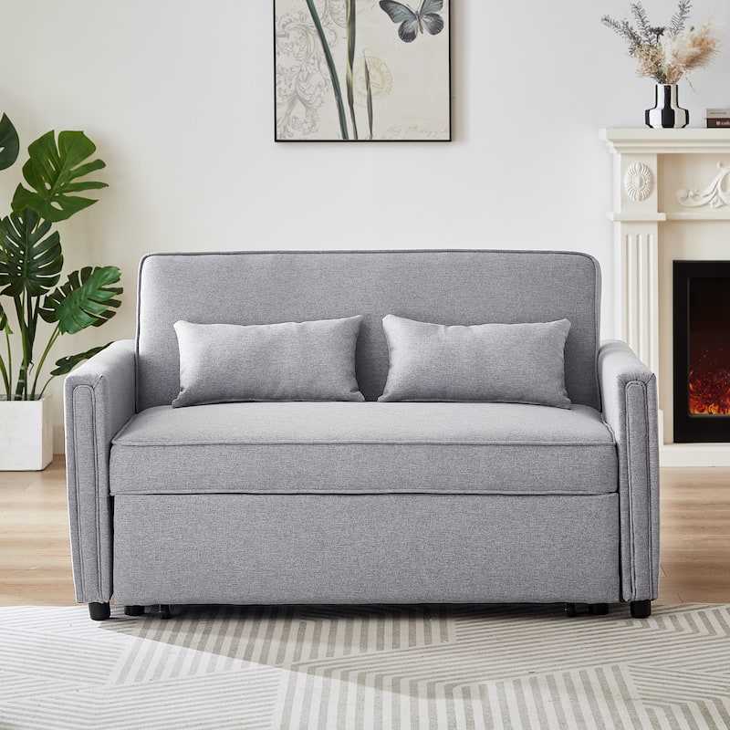 Modern Linen Convertible Loveseat Sleeper Sofa Couch with Adjustable Backrest, Pull-Out Bed and 2 Lumbar Pillows