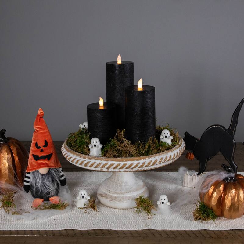 3 Flameless Solid Black Flickering LED Halloween Wax Pillar Candles 8"