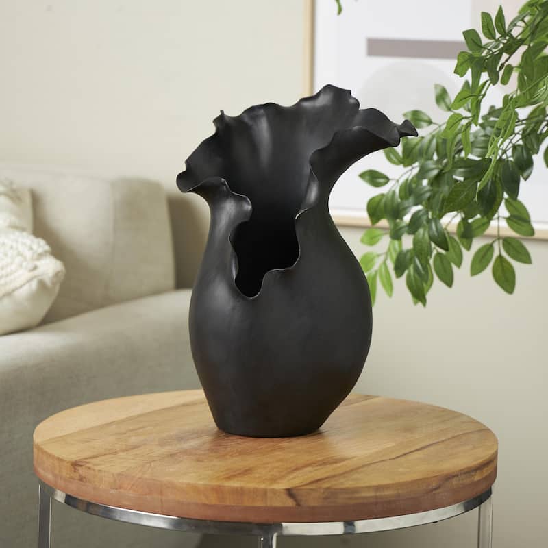 Ceramic Abstract Floral Inspired Vase with Wavy Folded Rim - White or Black - Roche River Decor