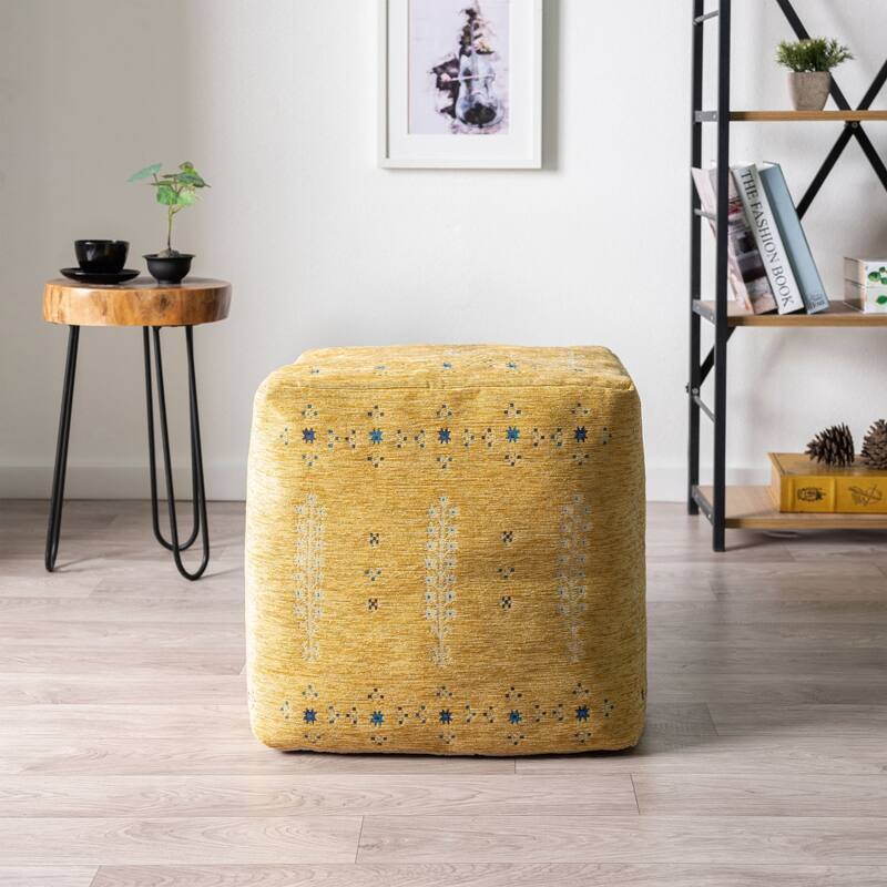 18-Inch Yellow Abstract Pouf Ottoman for Bohemian and Eclectic Home Decor