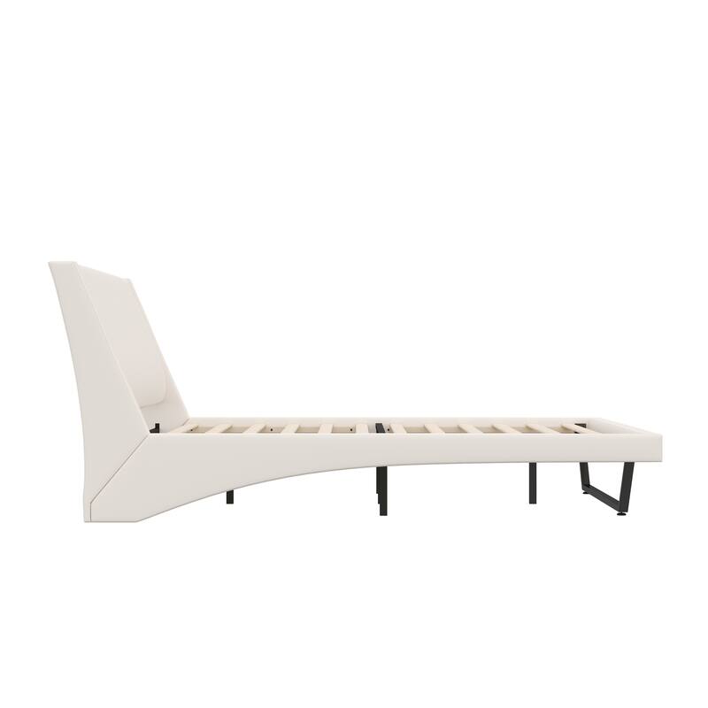 Wave-Like Curve Design Platform Bed Pu Leathe Upholstered Bed Frame Wooden Slat Support