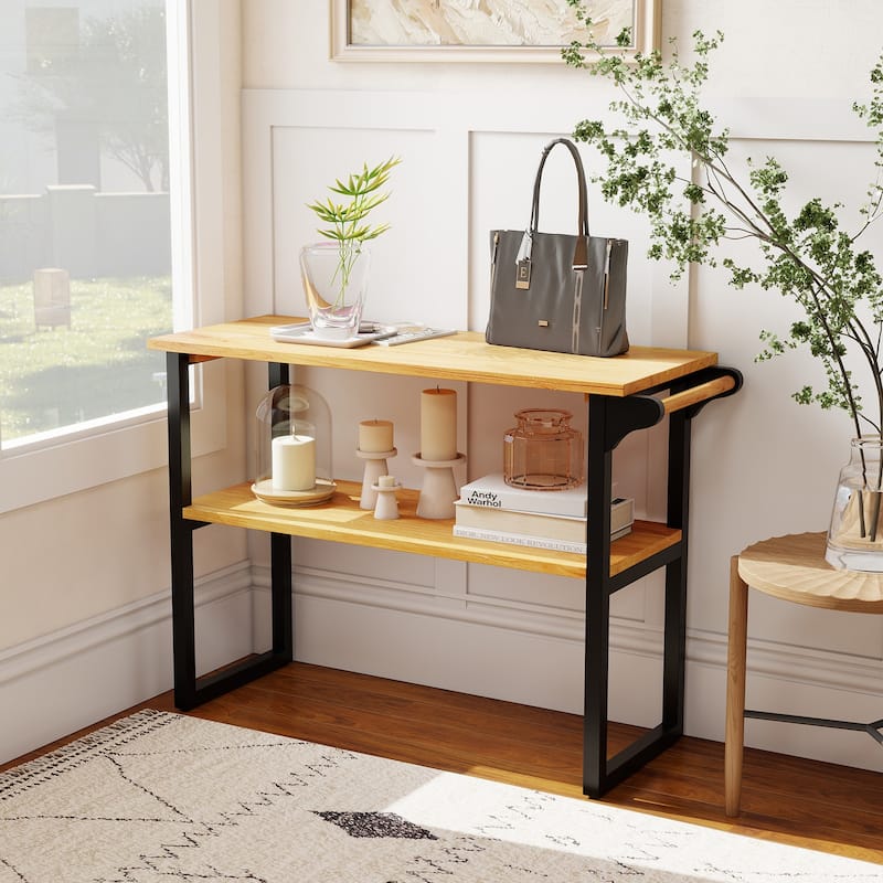 2-Tier Teak Wood Storage Shelf with Towel Holder for Bathroom Entryway or Living Room Decor - 40" x 15.5" x 28"