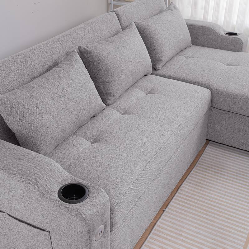 84"Adjustable Backrest Sofa Bed,3 in 1 Linen Sleeper with USB Ports & Cup Holders,Pull Out Couch Bed with Storage Chaise