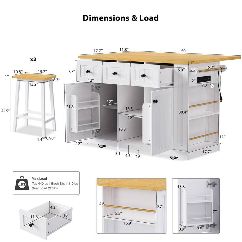 MDF Kitchen Island with 2 Bar Stools, Power Outlet,Door Internal Storage Rack and 5 Open Side Racks, 3 Drawers