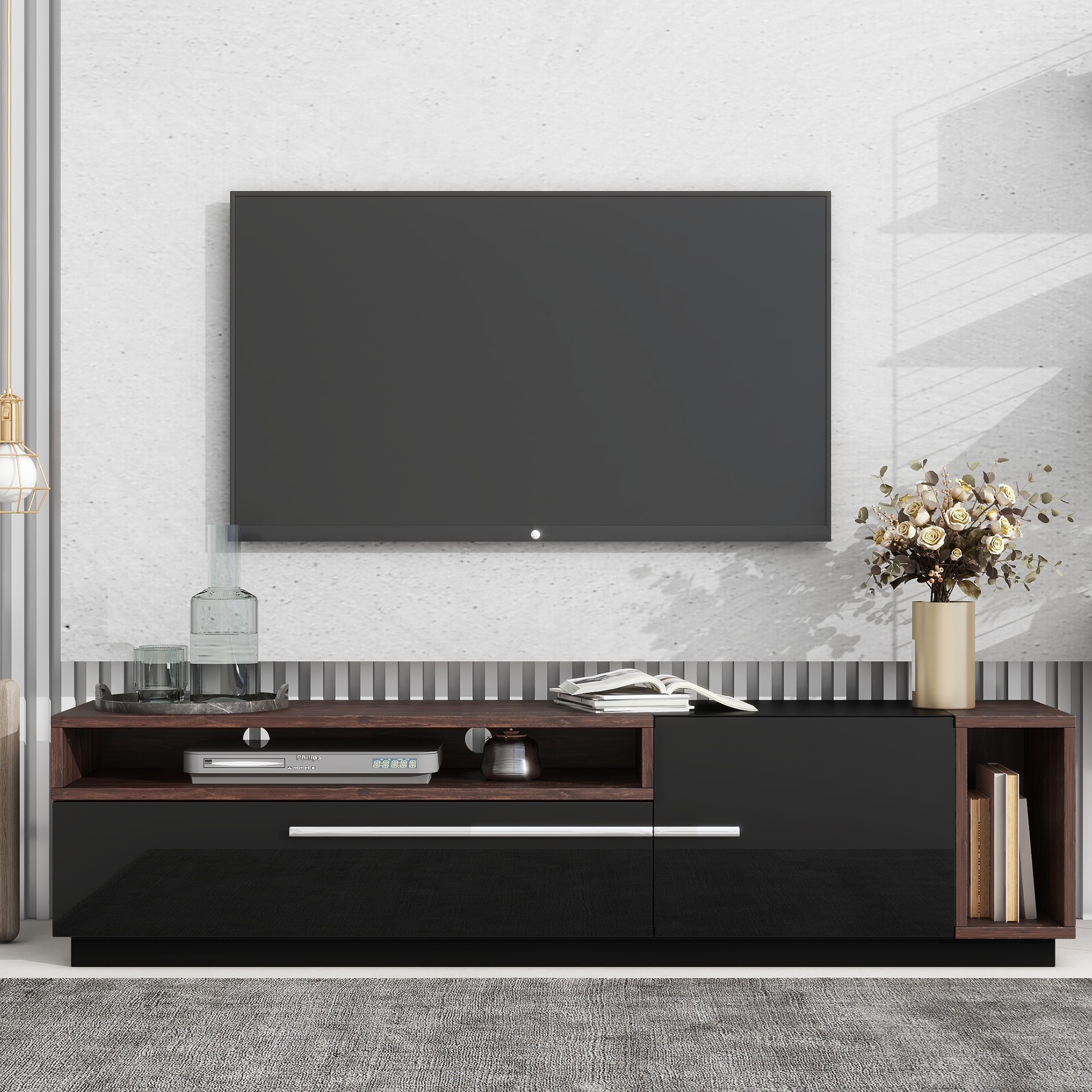 Two tone Design TV Stand with Silver Handles UV High Gloss Media Console for TVs Up to 70