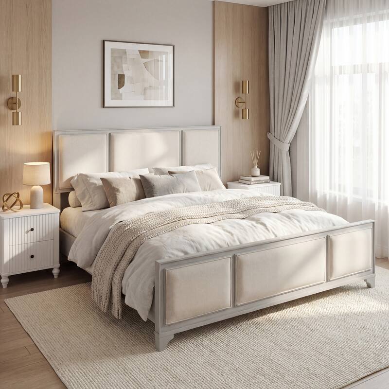 Christopher Knight Home - Hendrix Modern Farmhouse Upholstered Wood Platform Bed with Panel Headboard and Footboard