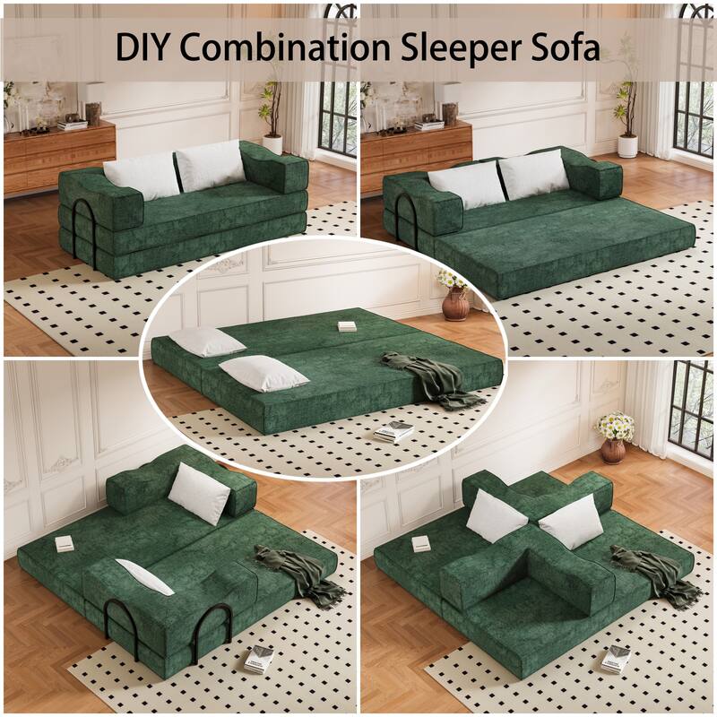 80" Convertible Couch Bed with Removable Cushions and Pillows, 3-Seat Folding Floor Couch & King Size Bed Mattress